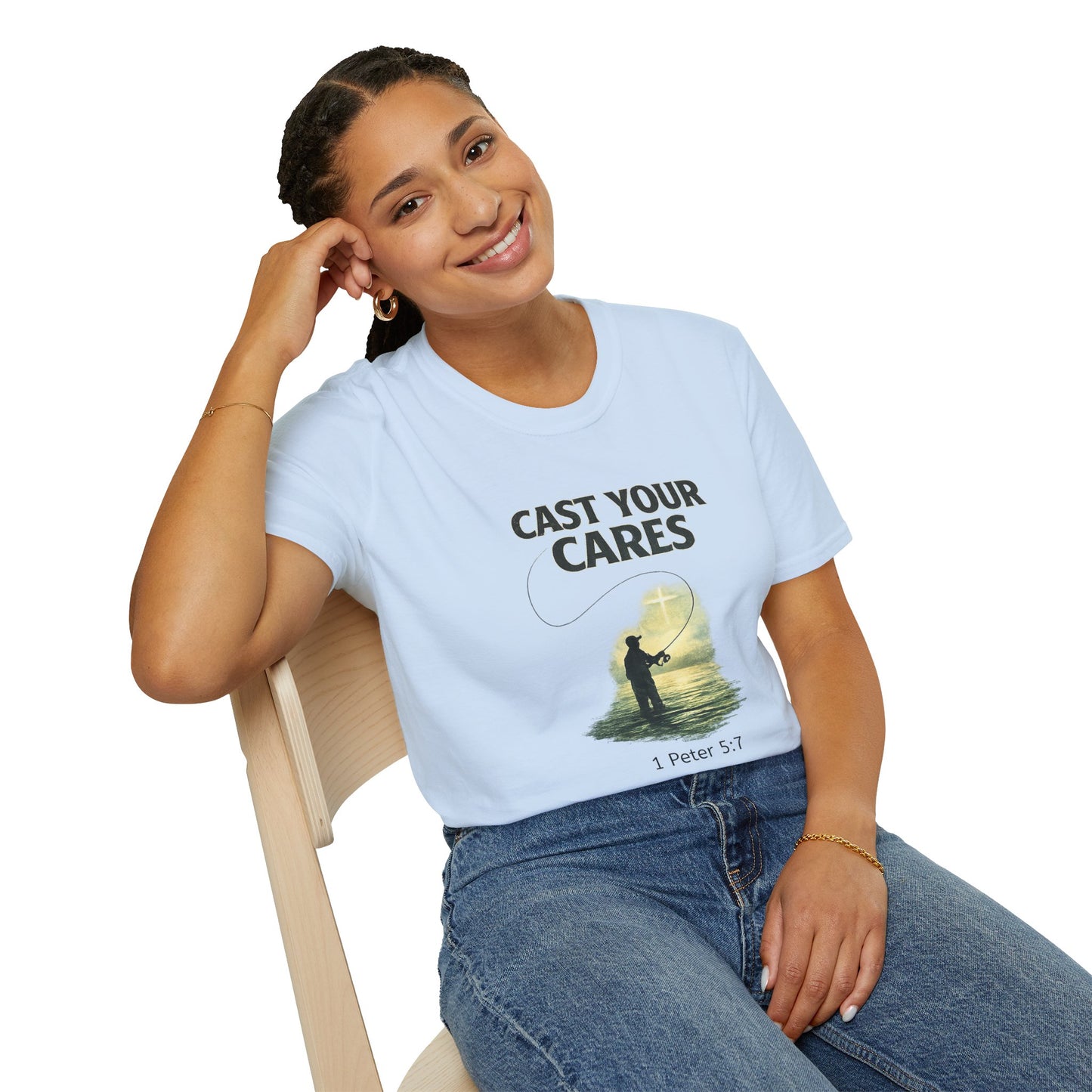 Cast Your Cares T-Shirt – Fishing Christian Graphic (1 Peter 5:7)