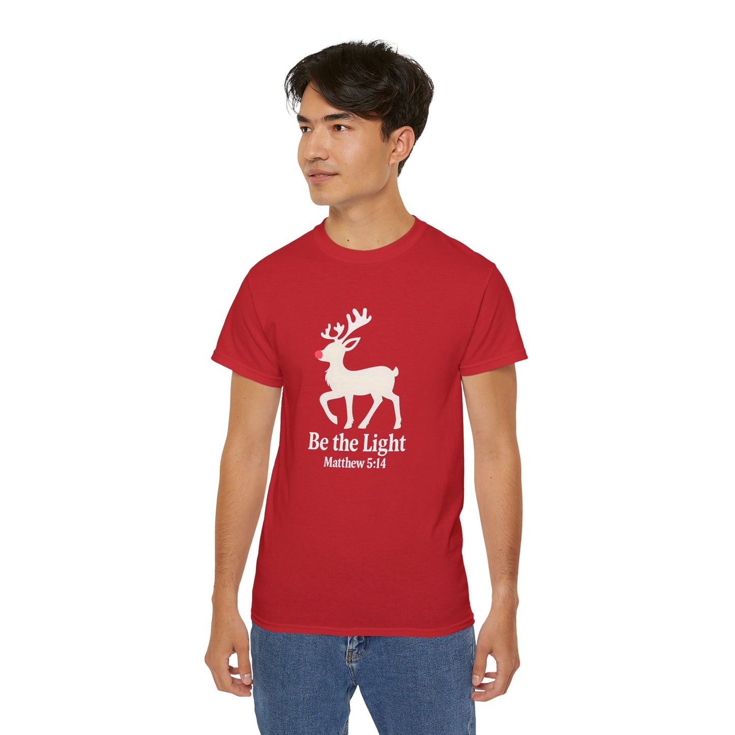Be the Light Christmas Tee — Reindeer with Matthew 5:14 Holiday T-Shirt