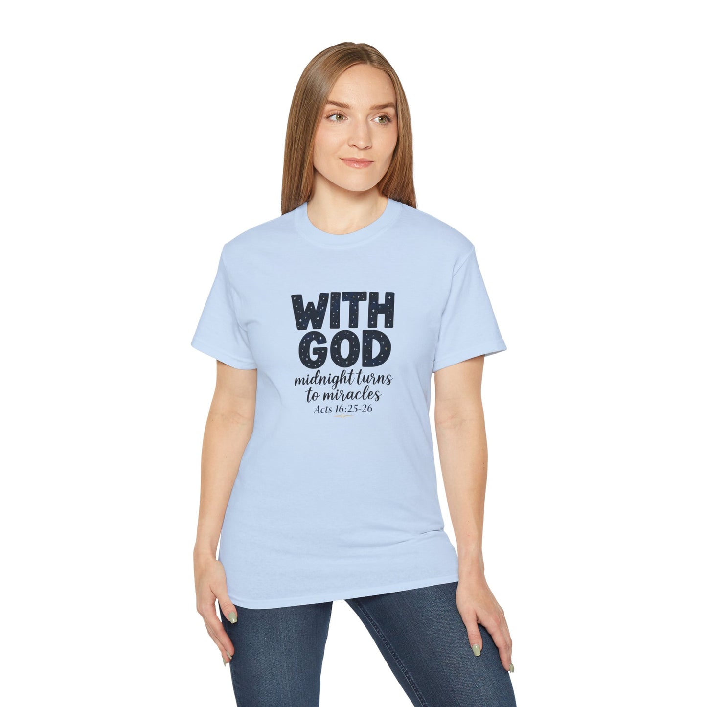 Inspirational Faith Tee - With God, Midnight Turns to Miracles, Christian T-Shirt, Gift for Church Events, Positive Vibes, Spiritual Apparel
