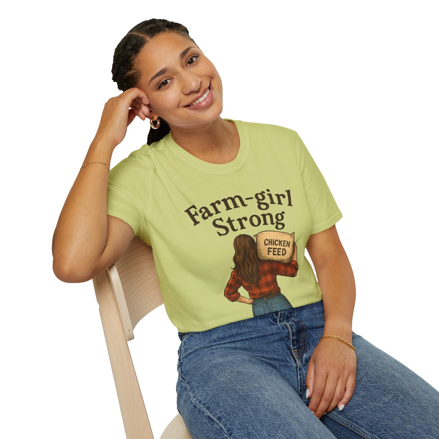 Farm-Girl Strong T-Shirt, Unisex Softstyle Tee, Country Life Apparel, Gift for Farmers, Farm-Themed Clothing, Cute Farm T-Shirt
