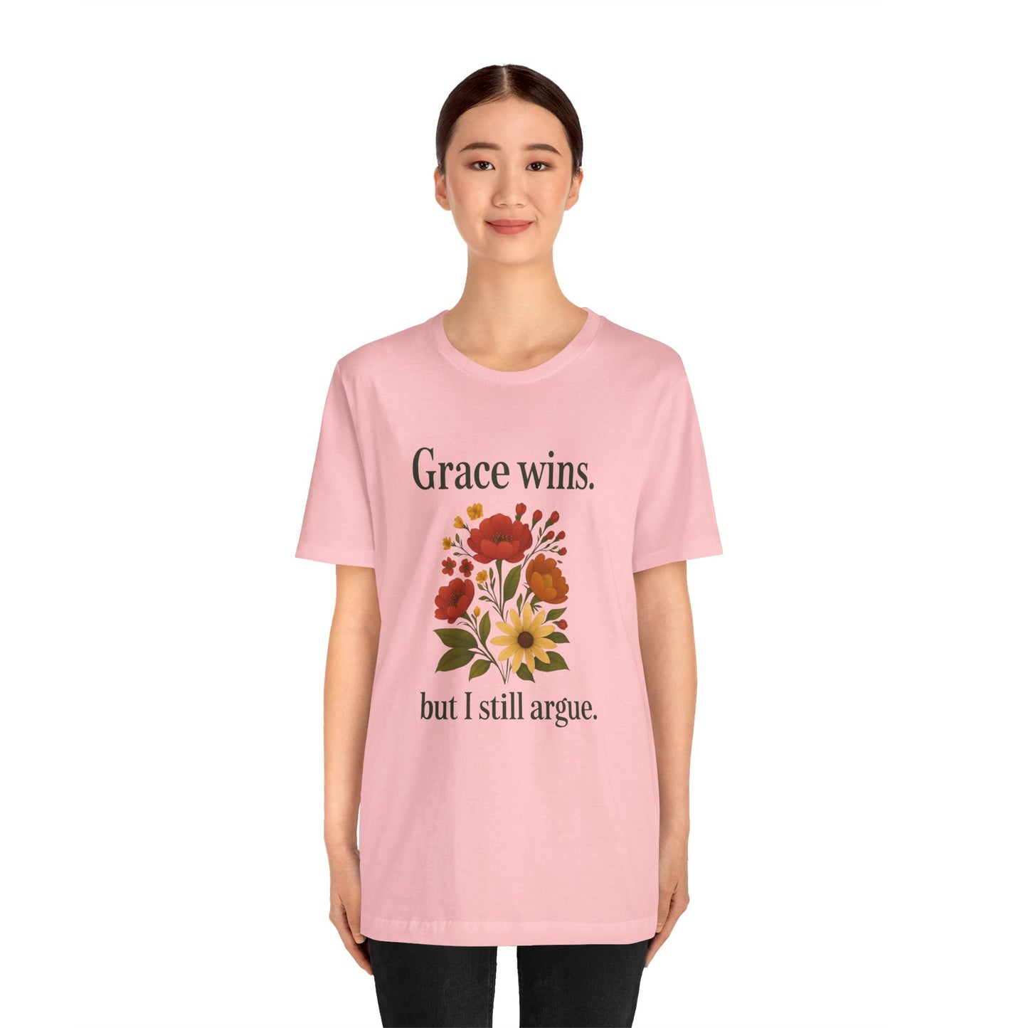 Floral Quote Tee, Grace Wins Short Sleeve T-Shirt, Unisex Graphic Tee, Gift for Friends, Casual Wear, Everyday Comfort