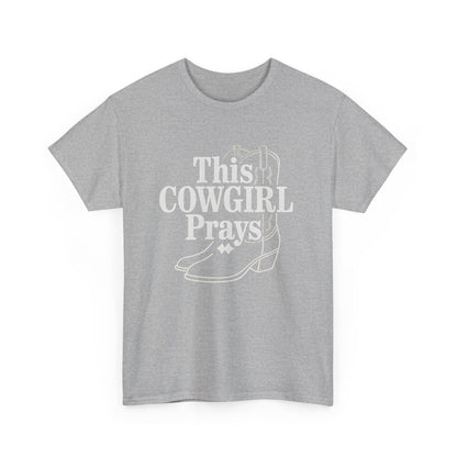 This Cowgirl Prays Unisex Heavy Cotton Tee, Western T-Shirt, Gift for Cowgirls, Rodeo Apparel, Faith-Based Fashion, Country Style Top