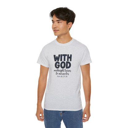 Inspirational Faith Tee - With God, Midnight Turns to Miracles, Christian T-Shirt, Gift for Church Events, Positive Vibes, Spiritual Apparel