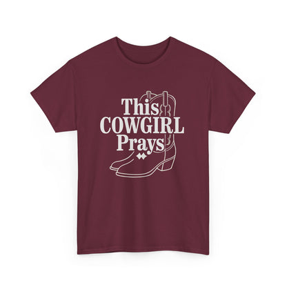 This Cowgirl Prays Unisex Heavy Cotton Tee, Western T-Shirt, Gift for Cowgirls, Rodeo Apparel, Faith-Based Fashion, Country Style Top