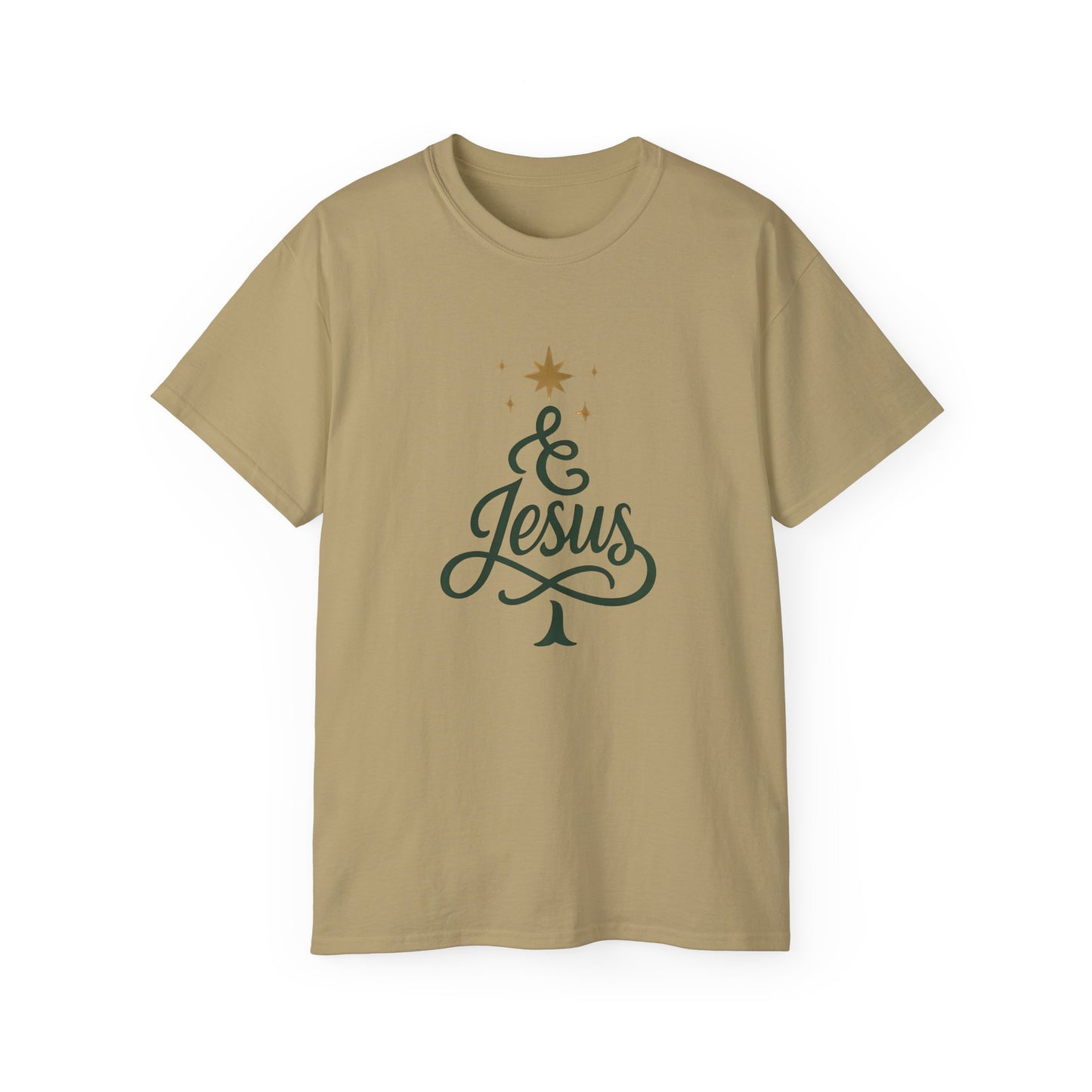 Christmas & Jesus T‑Shirt — Faith Holiday Tee with Star Tree Design