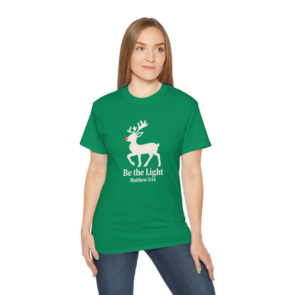 Be the Light Christmas Tee — Reindeer with Matthew 5:14 Holiday T-Shirt