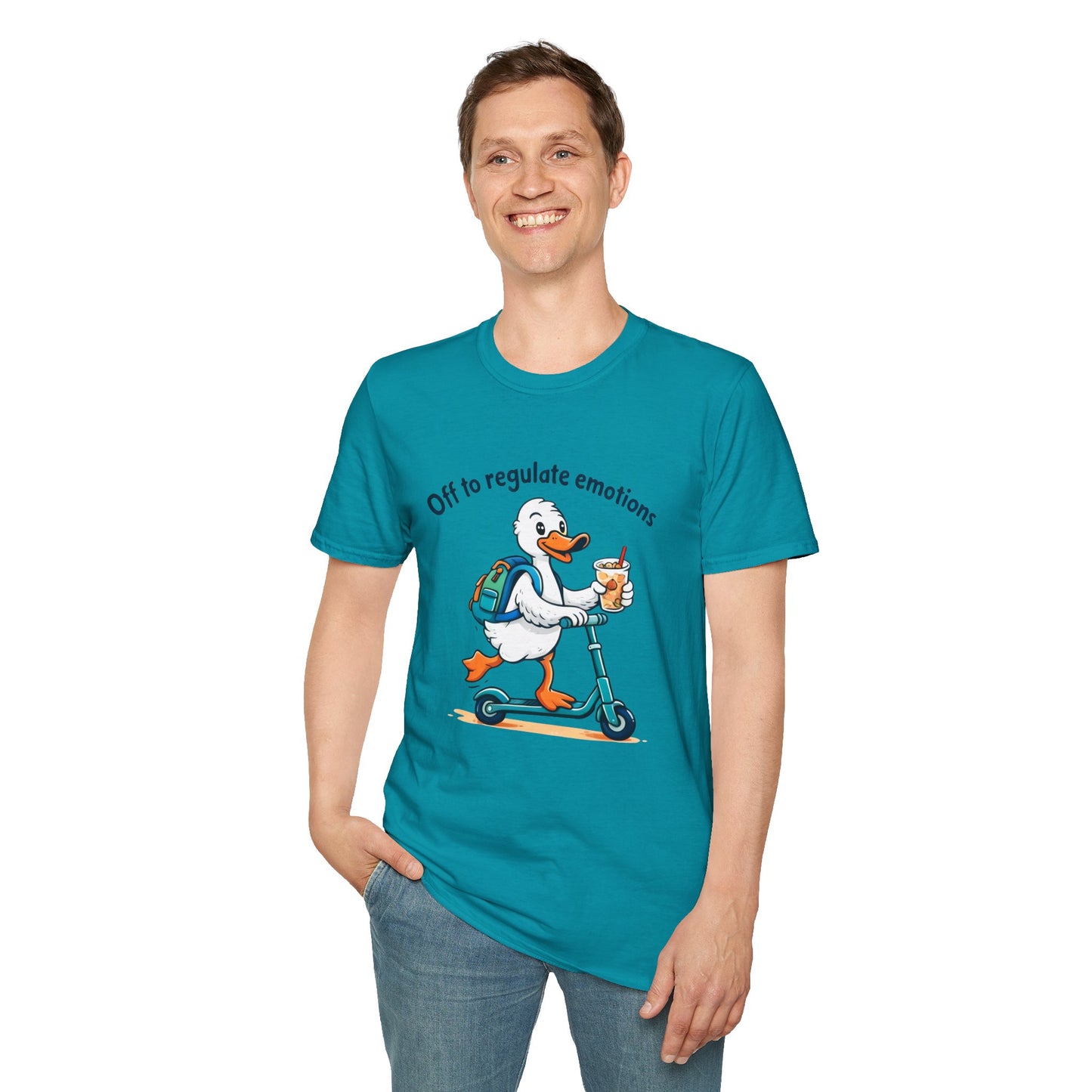 Duck on Scooter T-Shirt — "Off to regulate emotions" Cute Mental Health Tee