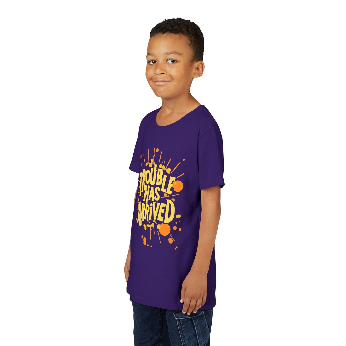 Youth Tee: "Trouble Has Arrived" - Fun, Playful Shirt for Kids, Perfect for Birthdays, Parties, Summer, Everyday Wear, Gift Ideas