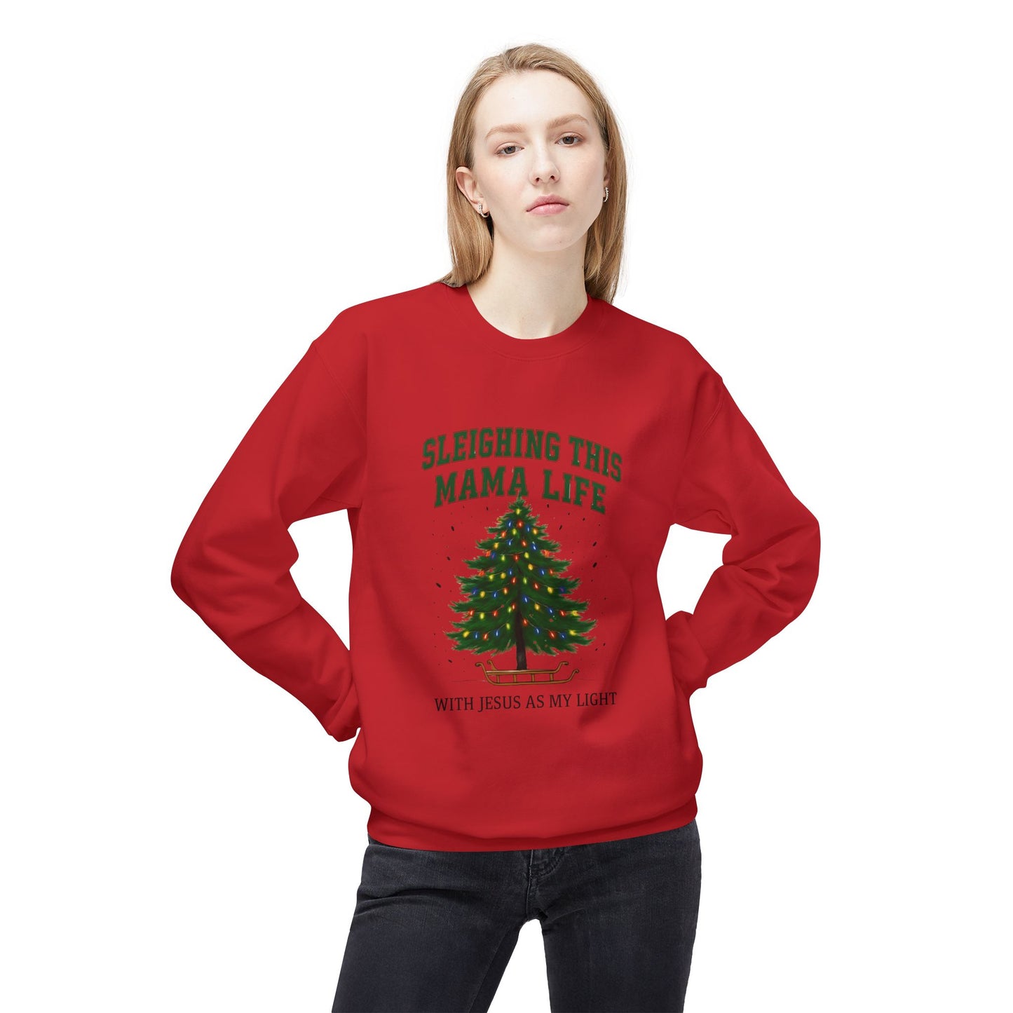 Sleighing This Mama Life Sweatshirt — Christmas Tree & “With Jesus Is My Light” Holiday Crewneck