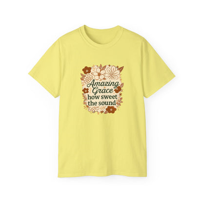 Amazing Grace Floral Unisex Ultra Cotton Tee, Vintage T-Shirt, Gift for Music Lovers, Spiritual Apparel, Heartwarming Quote Tee