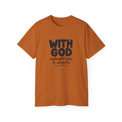 Inspirational Faith Tee - With God, Midnight Turns to Miracles, Christian T-Shirt, Gift for Church Events, Positive Vibes, Spiritual Apparel
