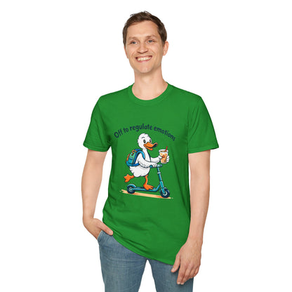 Duck on Scooter T-Shirt — "Off to regulate emotions" Cute Mental Health Tee