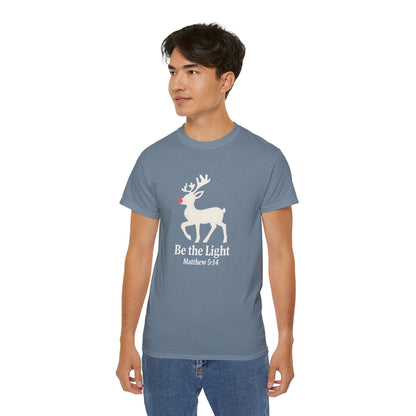Be the Light Christmas Tee — Reindeer with Matthew 5:14 Holiday T-Shirt