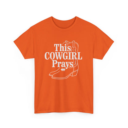 This Cowgirl Prays Unisex Heavy Cotton Tee, Western T-Shirt, Gift for Cowgirls, Rodeo Apparel, Faith-Based Fashion, Country Style Top