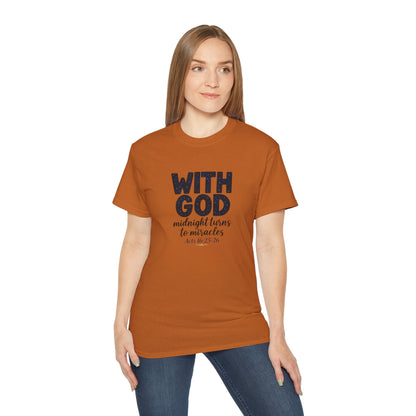 Inspirational Faith Tee - With God, Midnight Turns to Miracles, Christian T-Shirt, Gift for Church Events, Positive Vibes, Spiritual Apparel