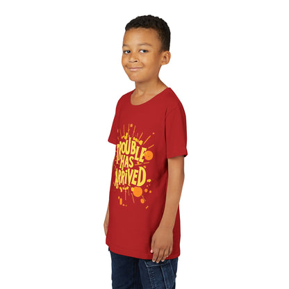 Youth Tee: "Trouble Has Arrived" - Fun, Playful Shirt for Kids, Perfect for Birthdays, Parties, Summer, Everyday Wear, Gift Ideas