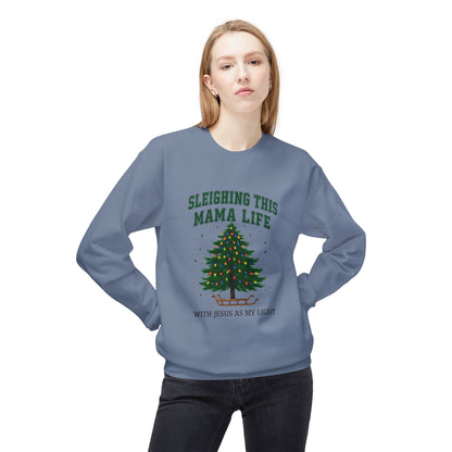 Sleighing This Mama Life Sweatshirt — Christmas Tree & “With Jesus Is My Light” Holiday Crewneck