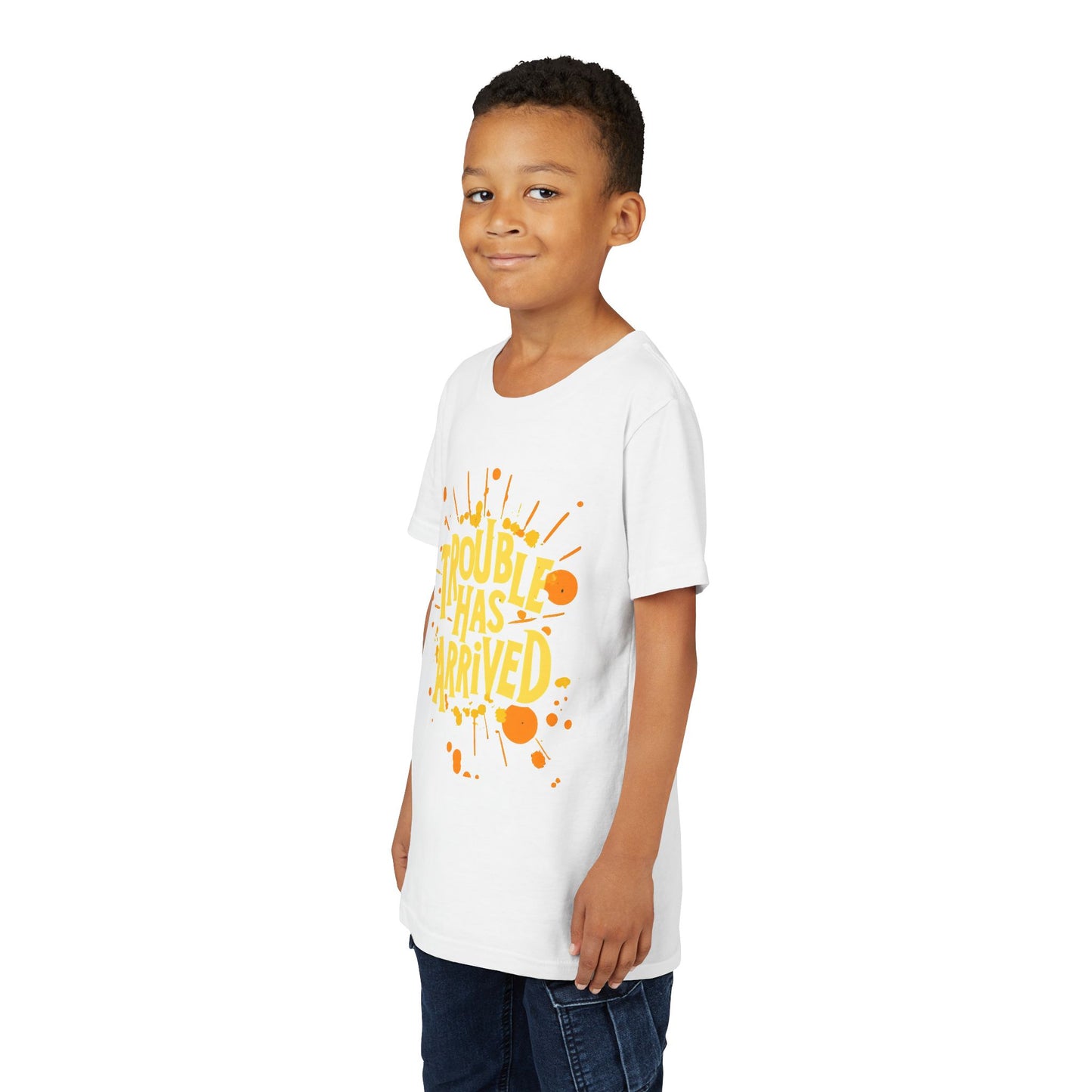Youth Tee: "Trouble Has Arrived" - Fun, Playful Shirt for Kids, Perfect for Birthdays, Parties, Summer, Everyday Wear, Gift Ideas
