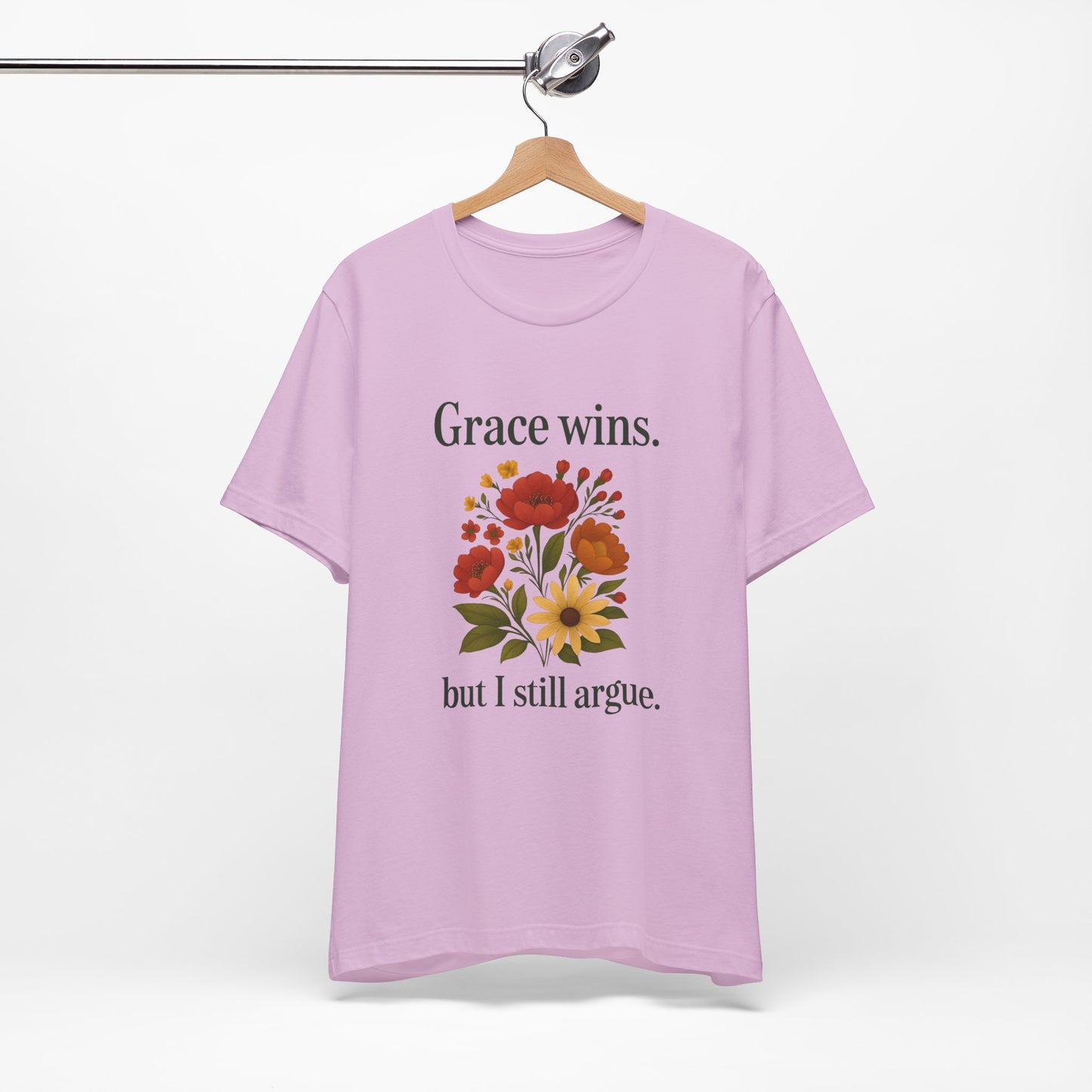 Floral Quote Tee, Grace Wins Short Sleeve T-Shirt, Unisex Graphic Tee, Gift for Friends, Casual Wear, Everyday Comfort