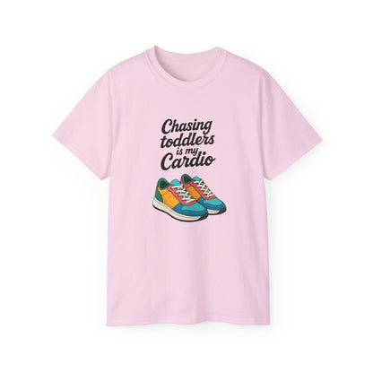 Chasing Toddlers Is My Cardio Unisex Ultra Cotton Tee, Funny Parent Shirt, Gift for Moms and Dads, Casual Wear, Toddler Parenting Humor