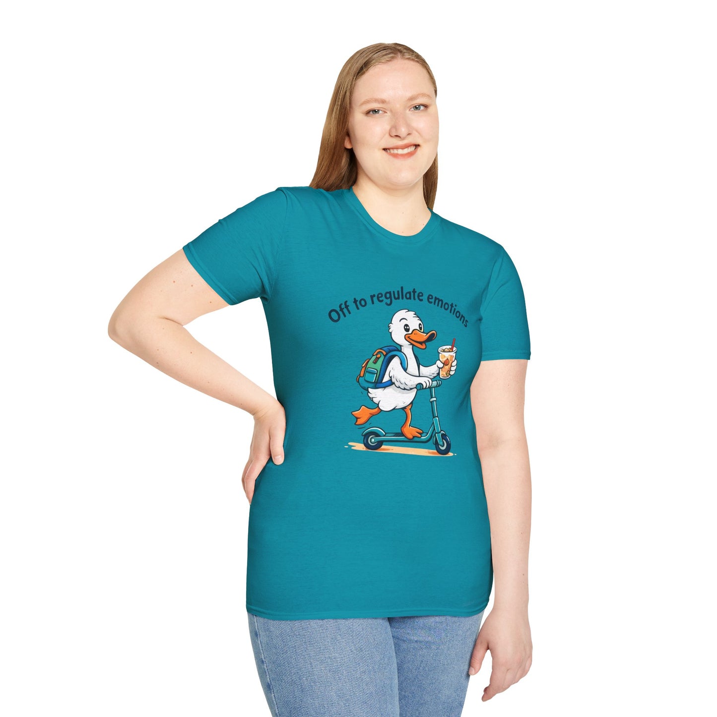 Duck on Scooter T-Shirt — "Off to regulate emotions" Cute Mental Health Tee