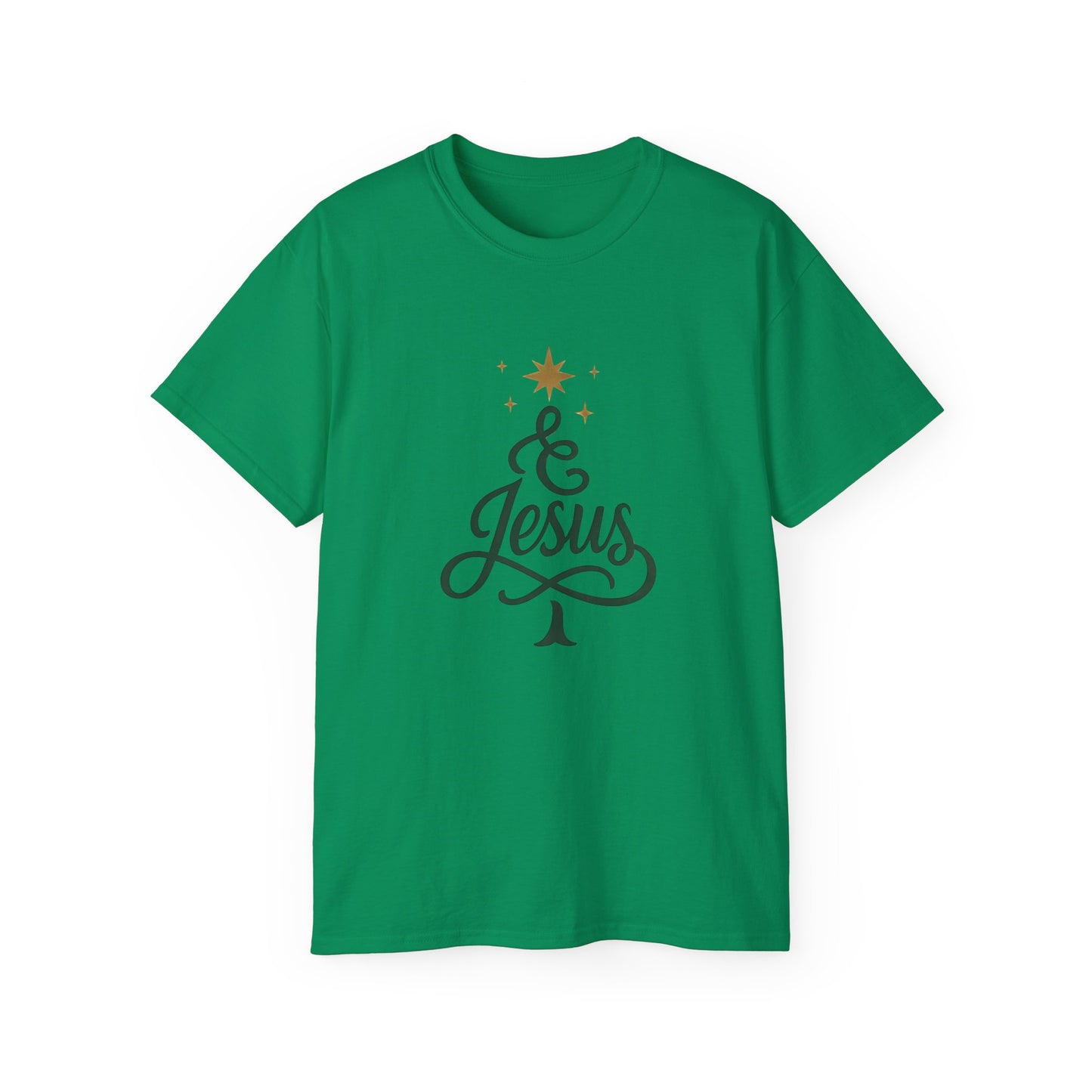 Christmas & Jesus T‑Shirt — Faith Holiday Tee with Star Tree Design