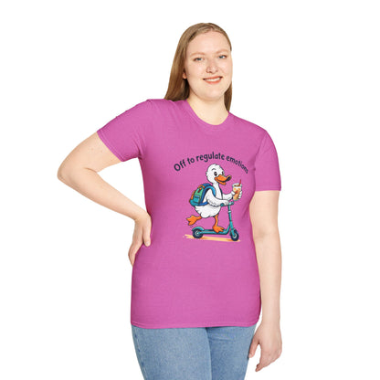 Duck on Scooter T-Shirt — "Off to regulate emotions" Cute Mental Health Tee