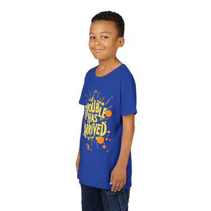 Youth Tee: "Trouble Has Arrived" - Fun, Playful Shirt for Kids, Perfect for Birthdays, Parties, Summer, Everyday Wear, Gift Ideas