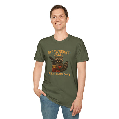 Strawberry Jams But My Glock Don’t T-Shirt — Raccoon Graphic Gun Humor Tee