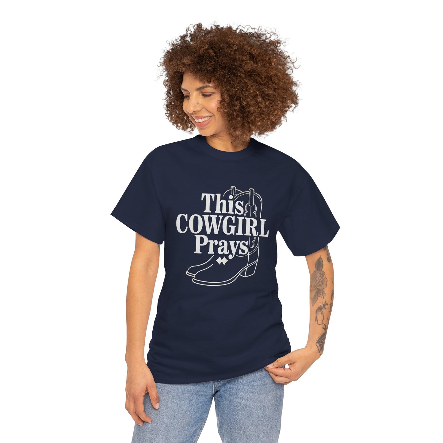 This Cowgirl Prays Unisex Heavy Cotton Tee, Western T-Shirt, Gift for Cowgirls, Rodeo Apparel, Faith-Based Fashion, Country Style Top