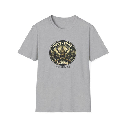 Hunt Pray Provide T‑Shirt — 1 Timothy 5:8 Hunting Faith Tee