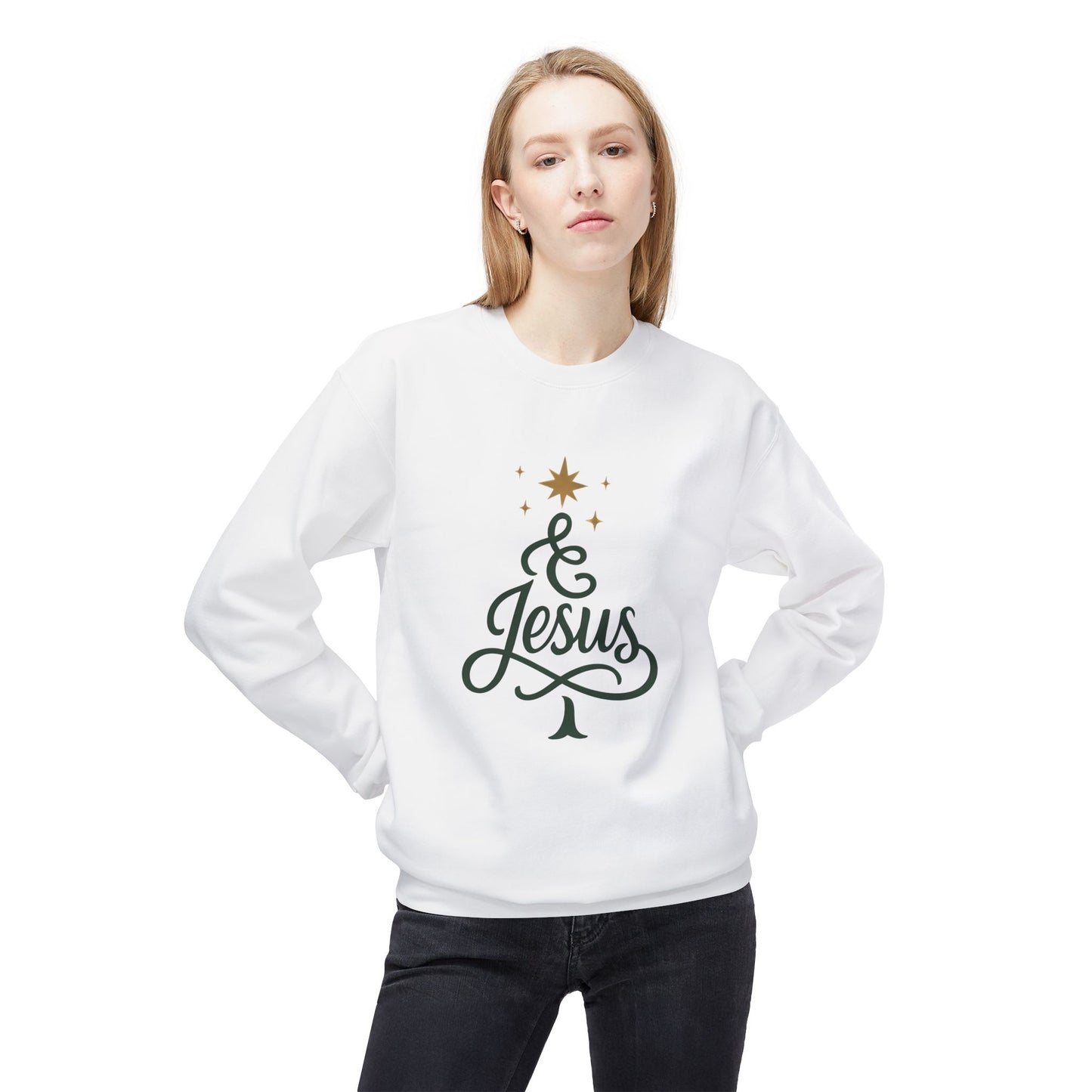 Christian Crewneck Sweatshirt — "& Jesus" Script Christmas Tree Design