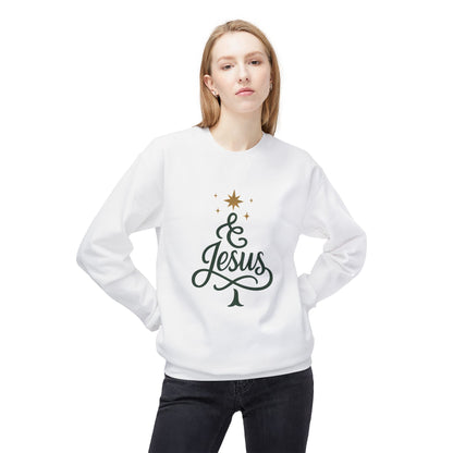 Christian Crewneck Sweatshirt — "& Jesus" Script Christmas Tree Design