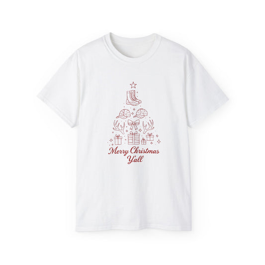 Merry Christmas Y'all Tee – Minimal Holiday Tree Graphic Cotton T-Shirt