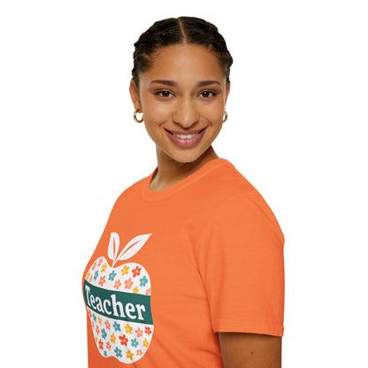 Teacher Appreciation Orange T-Shirt, Gift for Educators, School Spirit Wear, Teacher's Day, Floral Design, Unisex Softstyle Tee