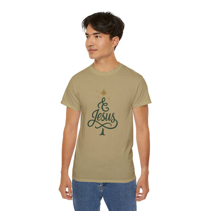 Christmas & Jesus T‑Shirt — Faith Holiday Tee with Star Tree Design