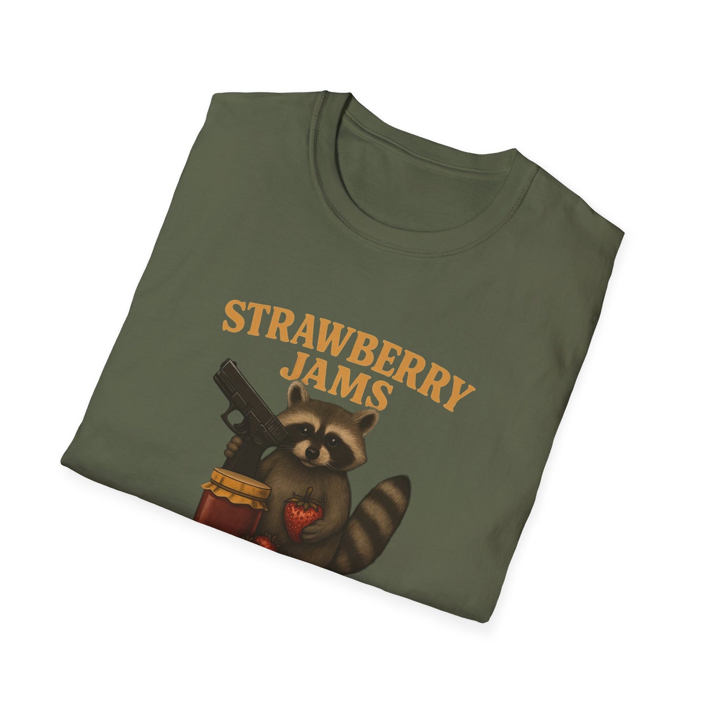 Strawberry Jams But My Glock Don’t T-Shirt — Raccoon Graphic Gun Humor Tee