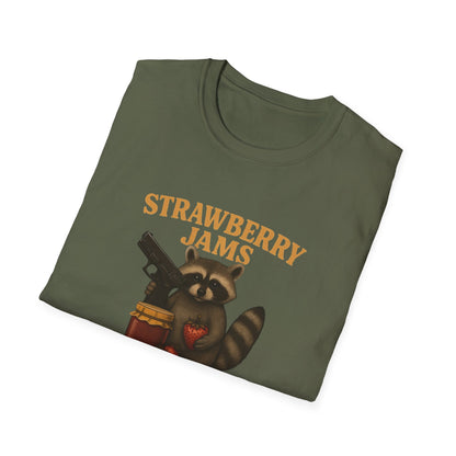 Strawberry Jams But My Glock Don’t T-Shirt — Raccoon Graphic Gun Humor Tee