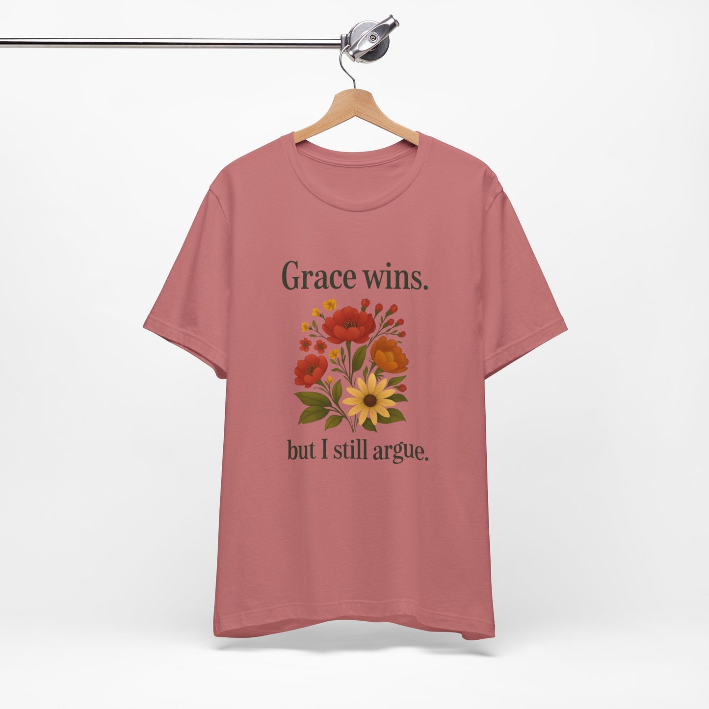 Floral Quote Tee, Grace Wins Short Sleeve T-Shirt, Unisex Graphic Tee, Gift for Friends, Casual Wear, Everyday Comfort