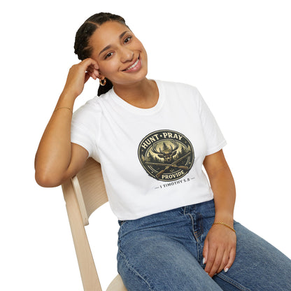 Hunt Pray Provide T‑Shirt — 1 Timothy 5:8 Hunting Faith Tee
