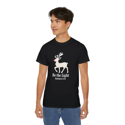 Be the Light Christmas Tee — Reindeer with Matthew 5:14 Holiday T-Shirt