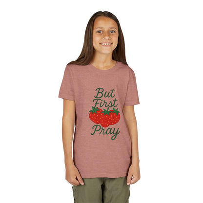 Strawberry Prayer Youth Tee, But First Pray T-Shirt for Kids, Faith-Based Apparel, Summer Wear, Cute Gift for Girls