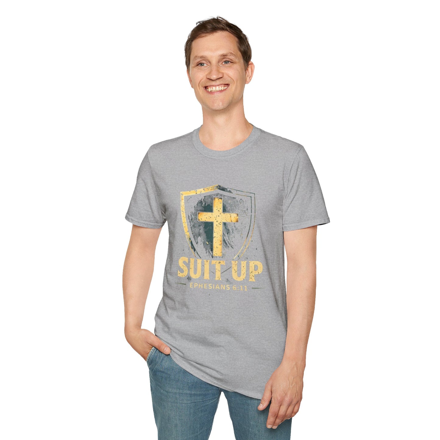 Suit Up T‑Shirt — Christian Cross Shield Tee (Ephesians 6:11)
