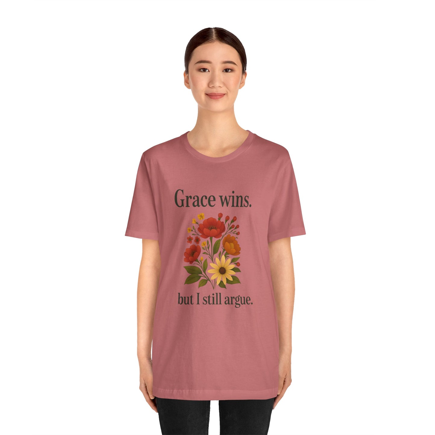Floral Quote Tee, Grace Wins Short Sleeve T-Shirt, Unisex Graphic Tee, Gift for Friends, Casual Wear, Everyday Comfort