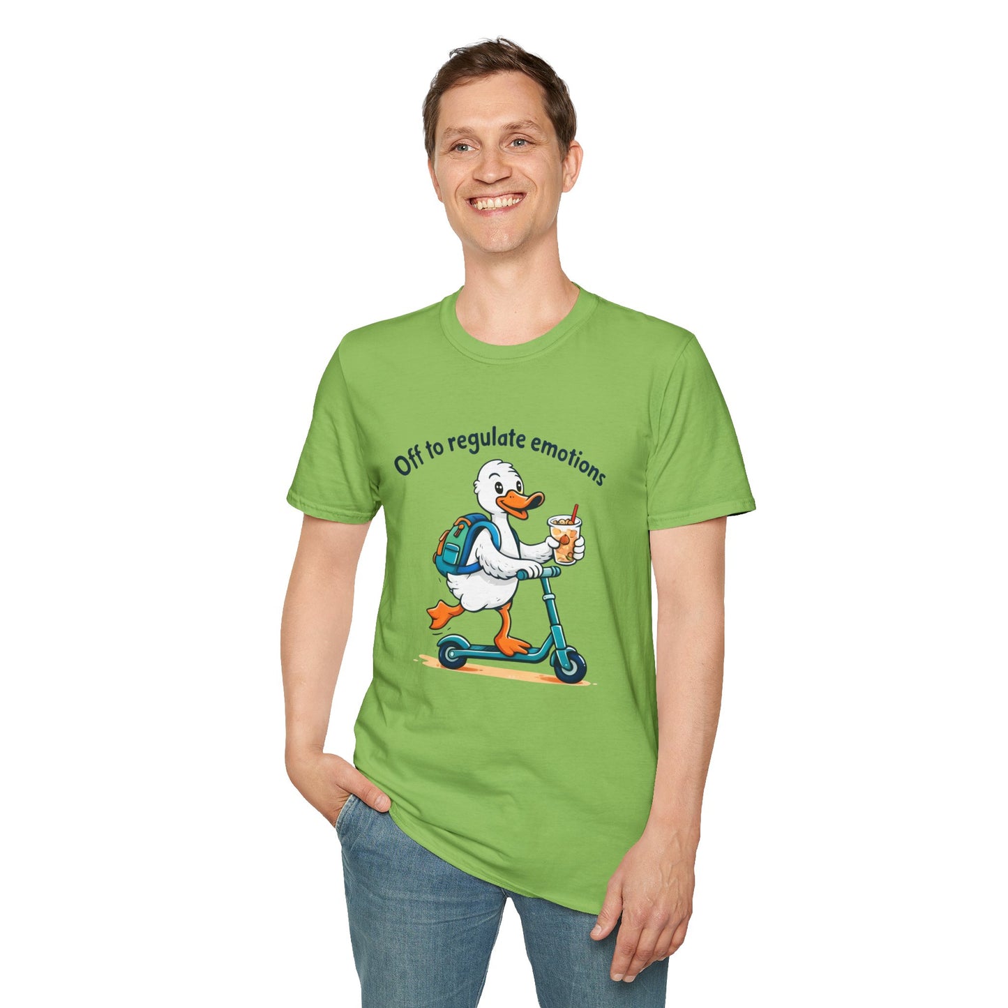 Duck on Scooter T-Shirt — "Off to regulate emotions" Cute Mental Health Tee