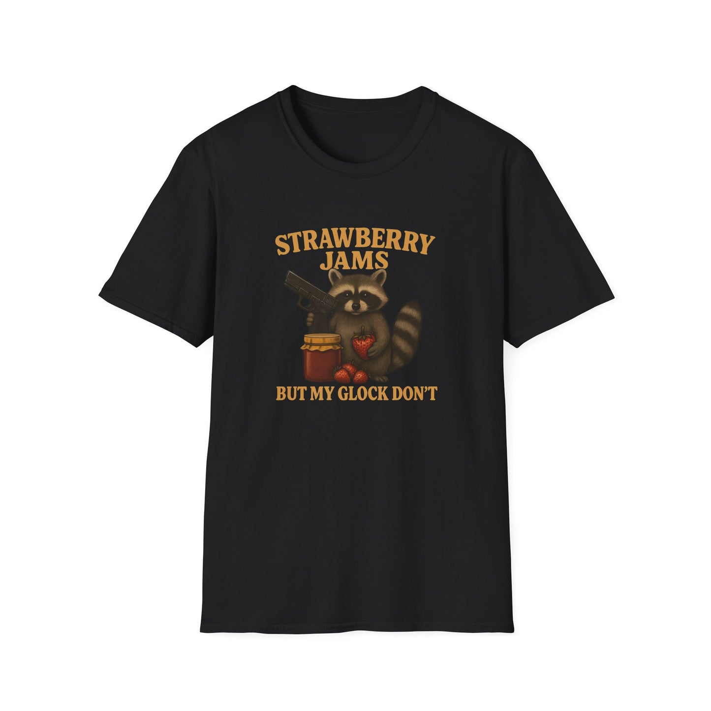 Strawberry Jams But My Glock Don’t T-Shirt — Raccoon Graphic Gun Humor Tee
