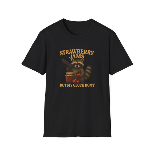 Strawberry Jams But My Glock Don’t T-Shirt — Raccoon Graphic Gun Humor Tee