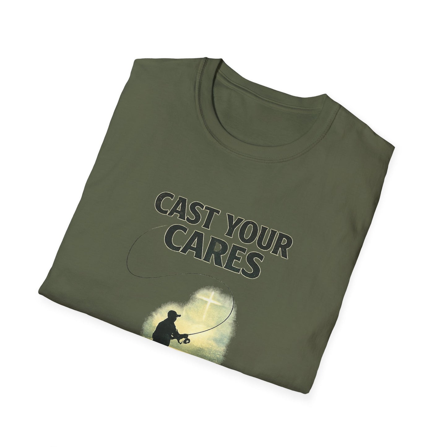 Cast Your Cares T-Shirt – Fishing Christian Graphic (1 Peter 5:7)