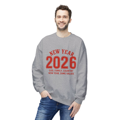 2026 New Year Crewneck Sweatshirt — "God, Family, Country" Holiday Pullover