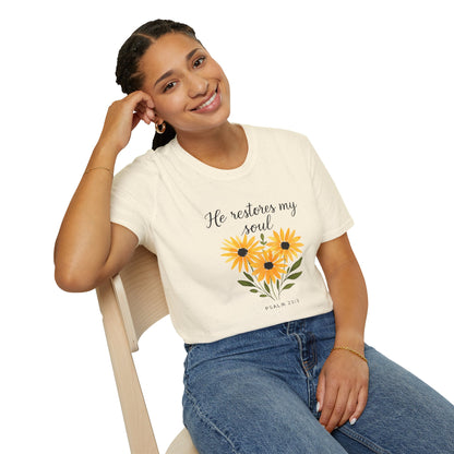 Floral Inspirational T-Shirt - He Restores My Soul, Thoughtful Gift for Comfort, Faith Apparel, Religious Wear, Everyday Inspiration